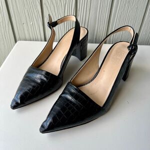 Franco Sarto Trista Black Croc Slingback Block Heel Pumps Women’s 8.5